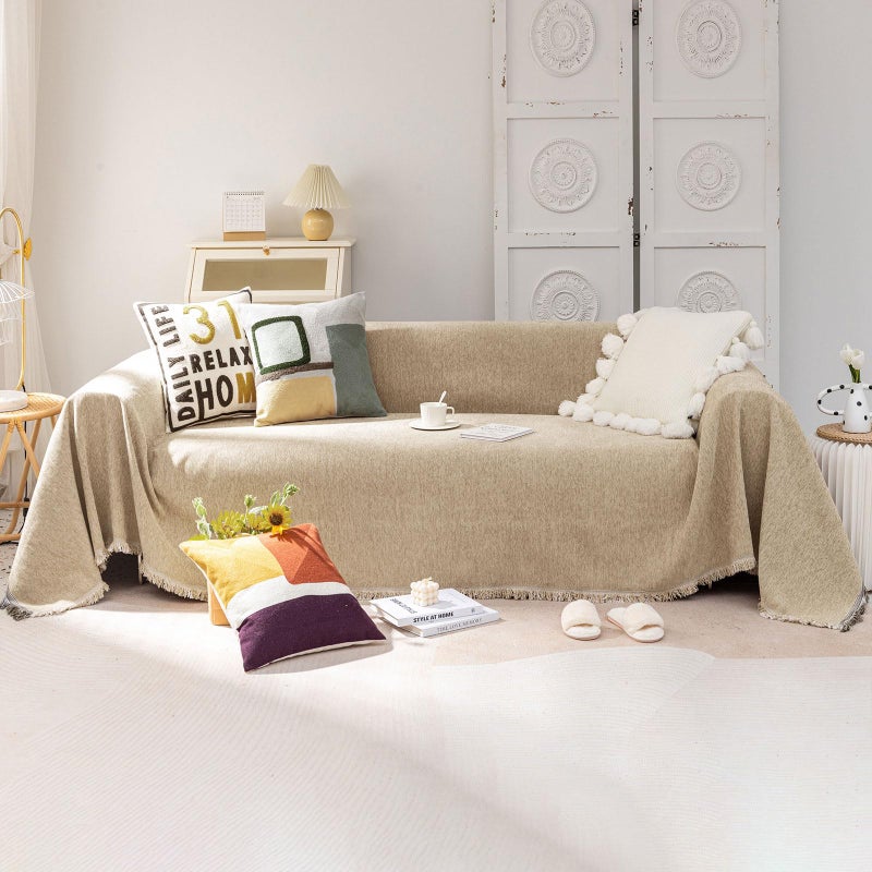 VC Life VClife Beige Couch Cover for Sofa 1 Piece Modern Minimalism Couch Cover for 2 Cushion Couch Sofa Slipcover Washable Soft Chenille Sofa Covers Furniture Protector for Bedroom Living Room 71''x118'' - Image 1